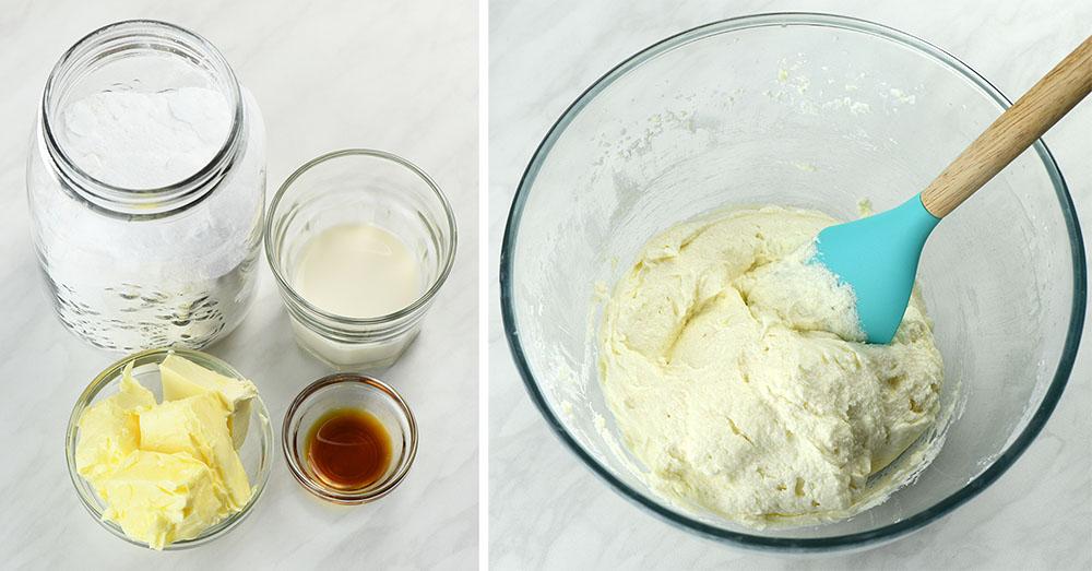 Buttercream Ingredients and buttercream in a bowl.