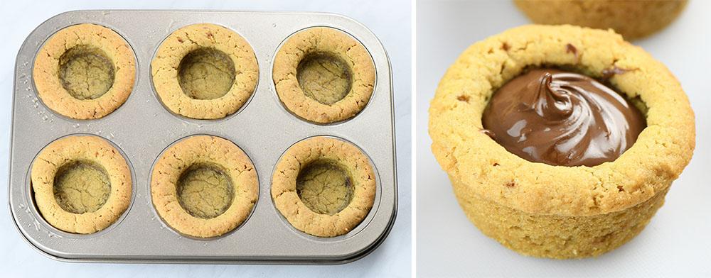 Baked cookie cups filled with Nutella.