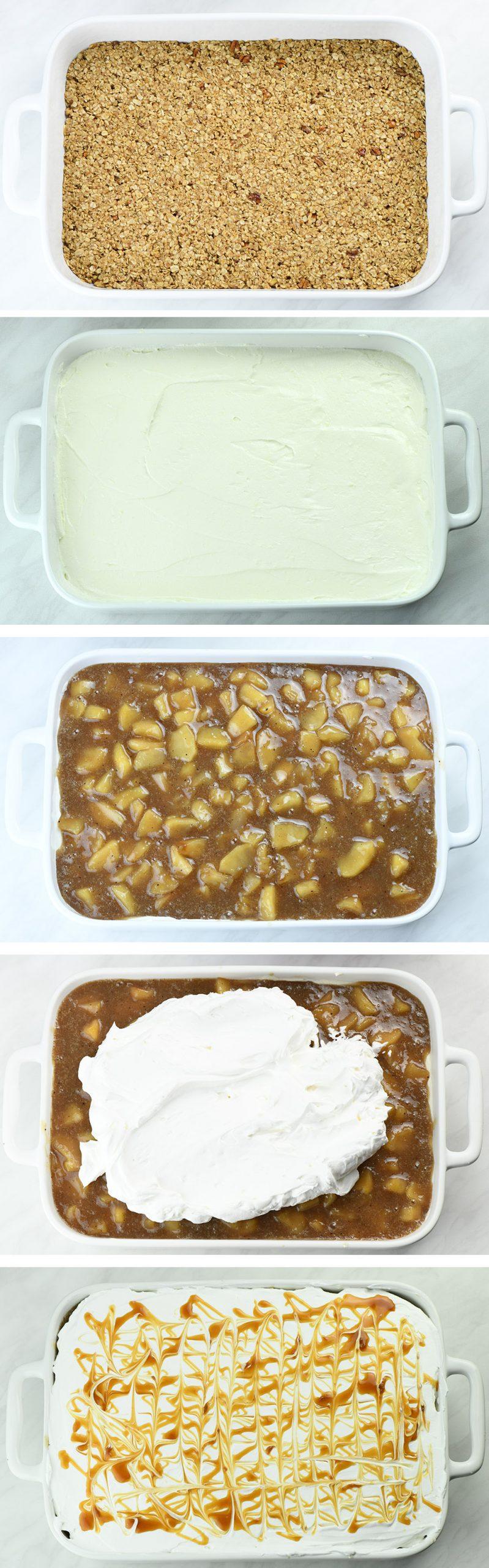 Assembling no bake dessert.