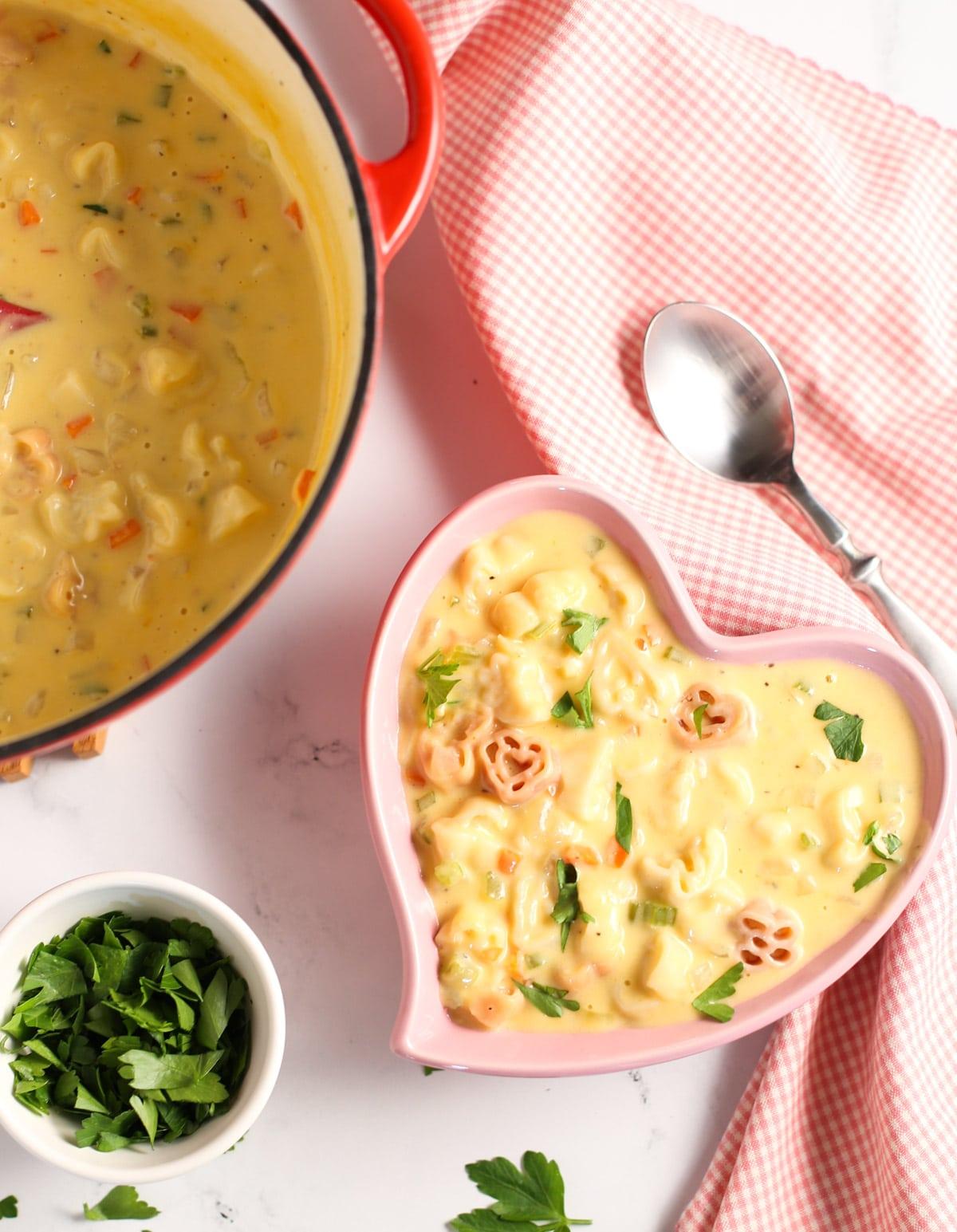 Mac and Cheese Soup in Heart Bowl