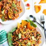 Mexican Chef Pasta Salad | Cha Cha Cha! Easy delish combo of sweet and tangy dressing with seasoned taco meat and fresh tomatoes, avocados and pasta. Add Doritos or corn chips - and the entire family goes crazy! A one pot yummy meal. Perfect for summer or beachside! | WorldofPastabilities.com