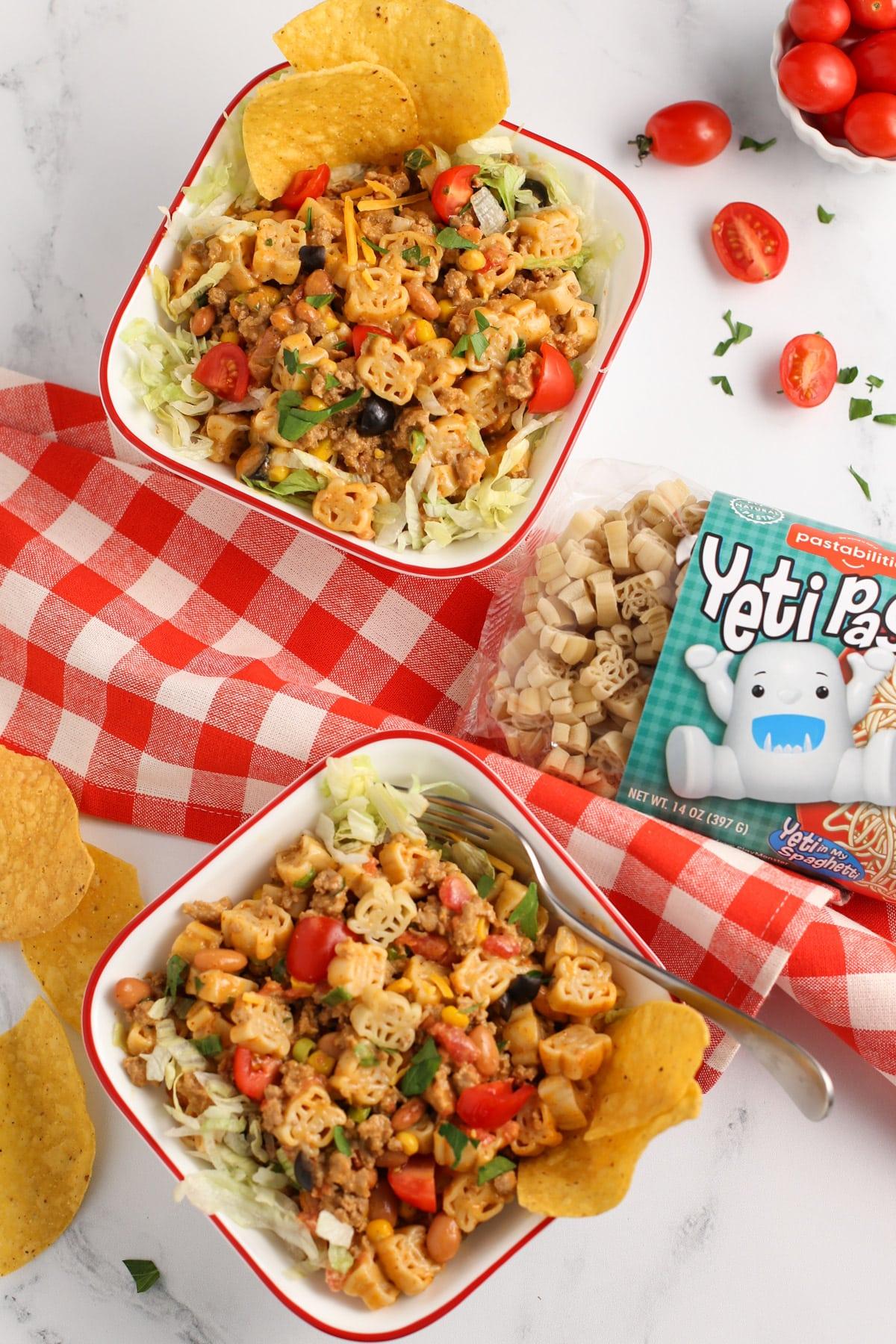 Two bowls Turkey Taco Pasta with Yeti Pasta Bag