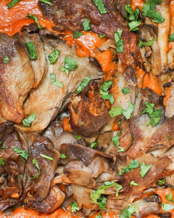 close up of vegan butter chicken with oyster mushrooms