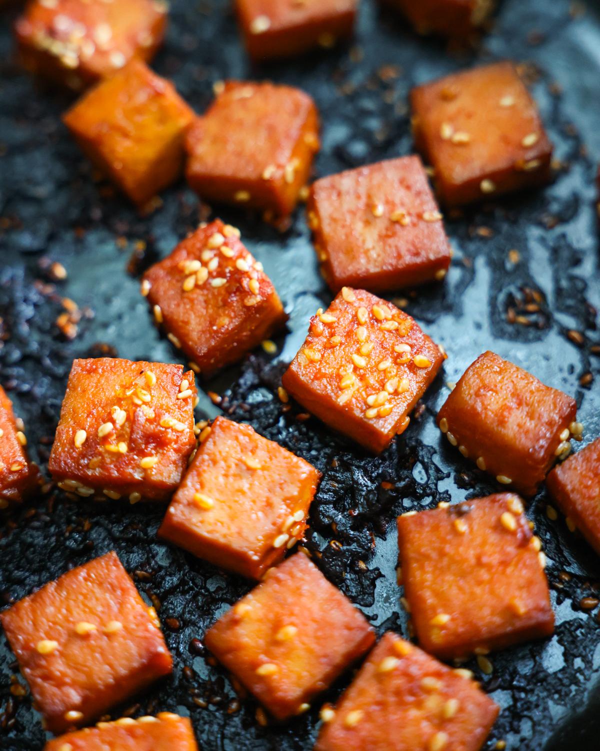 overhead roasted gochujang tofu