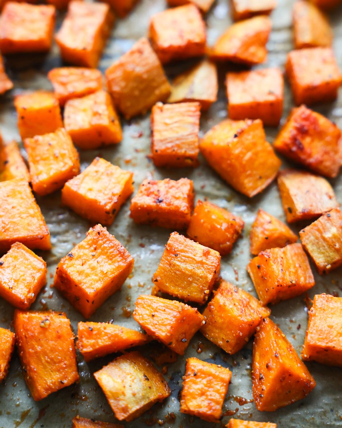 close up of roasted sweet potatoes