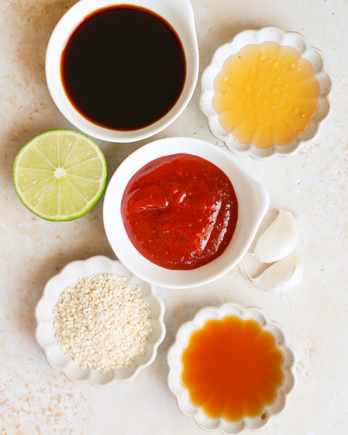 overhead of gochujang marinade ingredients