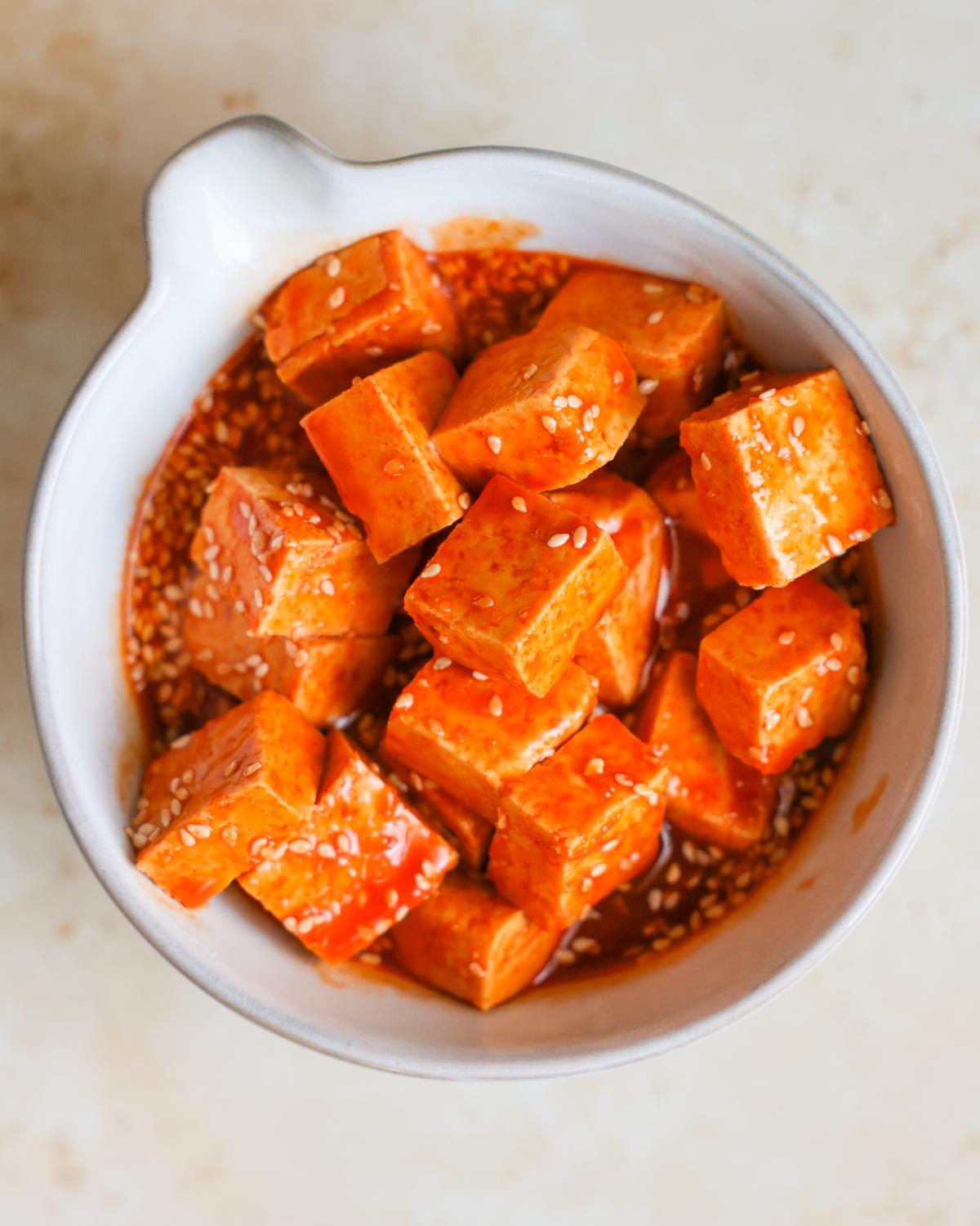 overhead tofu in gochujang marinade