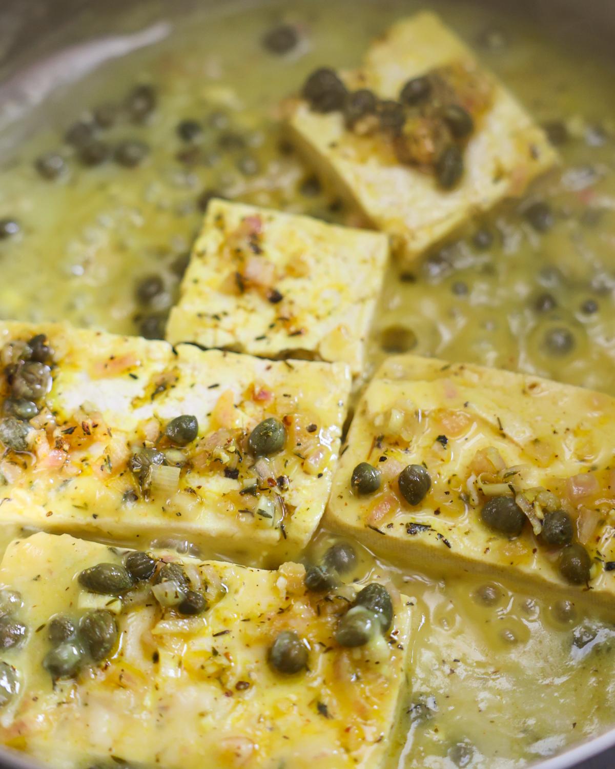 lemon caper tofu in pan