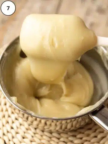 Vegan pastry cream after cooking until very thick; it’s stuck to the spatula!