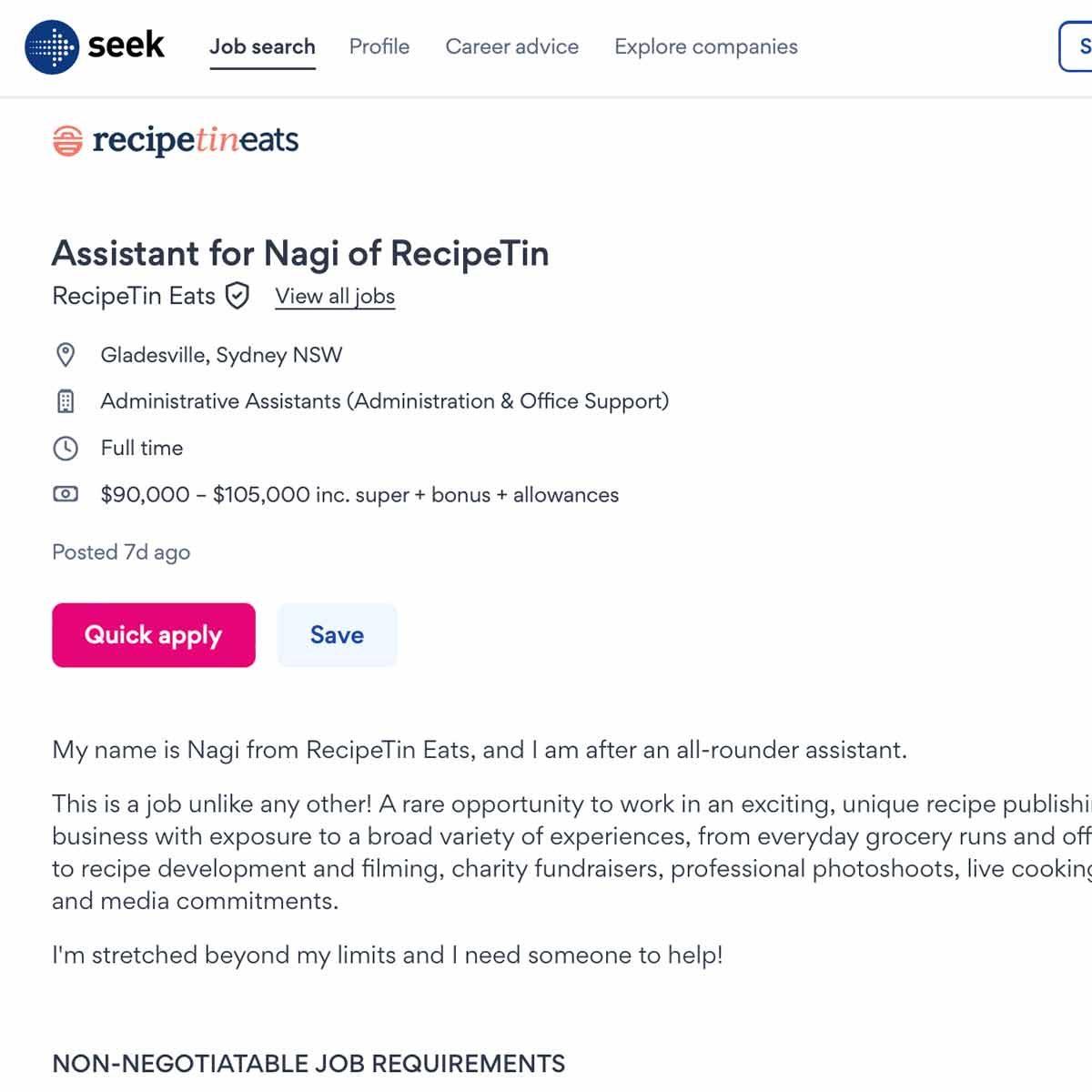 SEEK RecipeTin Assistant for Nagi job advert
