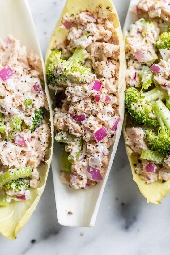 Tuna Salad loaded with veggies served in endive leaves make a quick and easy, low-carb lunch.