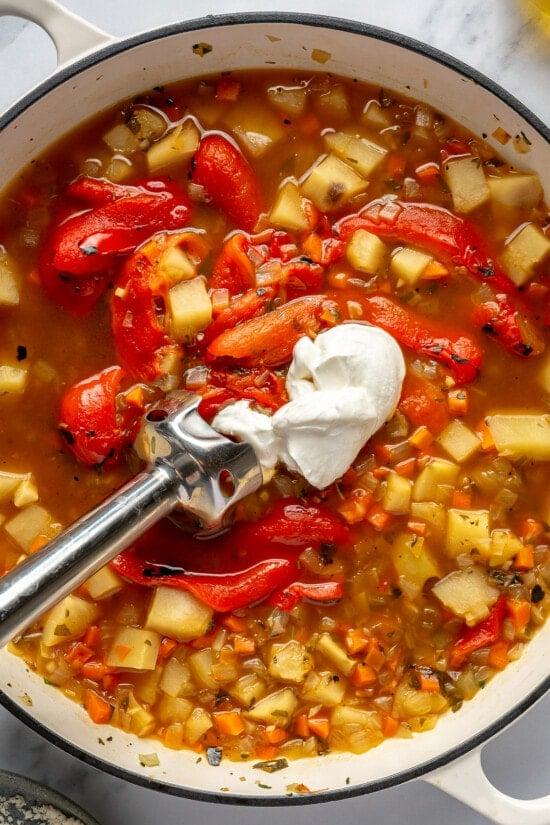 red pepper soup with immersion blender