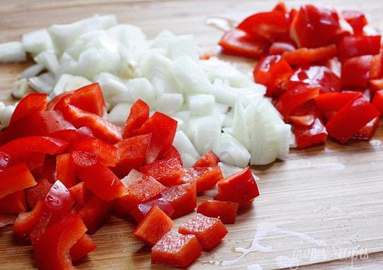 Chopped veggies on a cutting board.