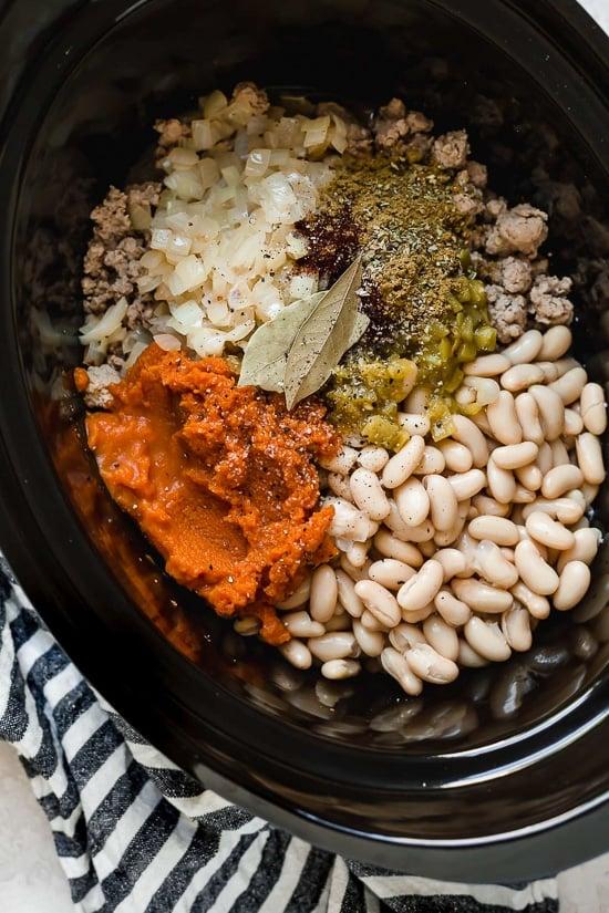 Turkey Pumpkin White Bean Chili made in the Slow Cooker or Instant Pot!