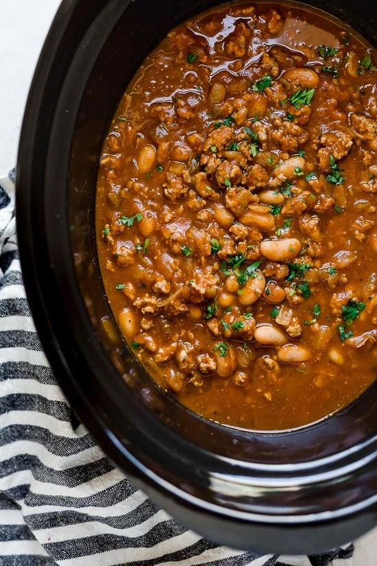 Turkey Pumpkin White Bean Chili made in the Slow Cooker or Instant Pot!