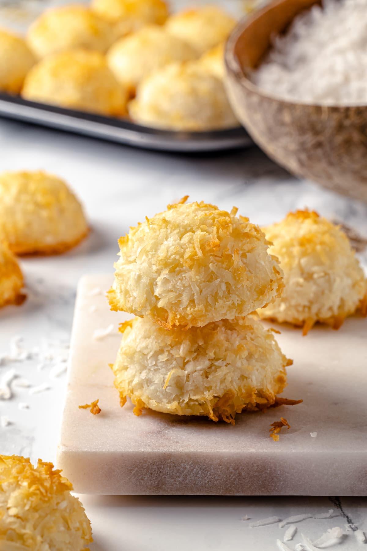 Two coconut macaroons stacked on each other