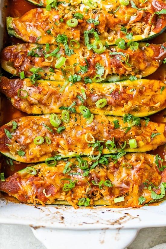 Chicken Enchilada Stuffed Zucchini Boats