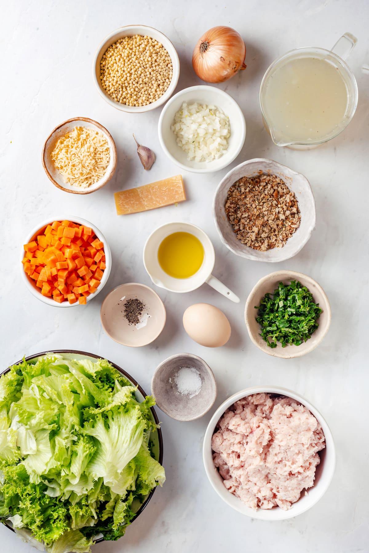 Overhead view of ingredients for Italian wedding soup