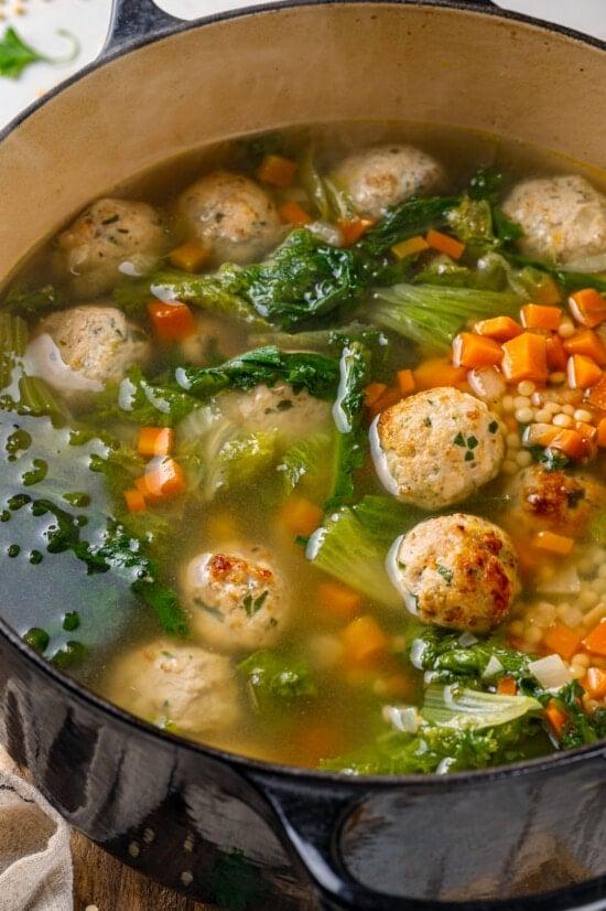 Italian wedding soup in a pot