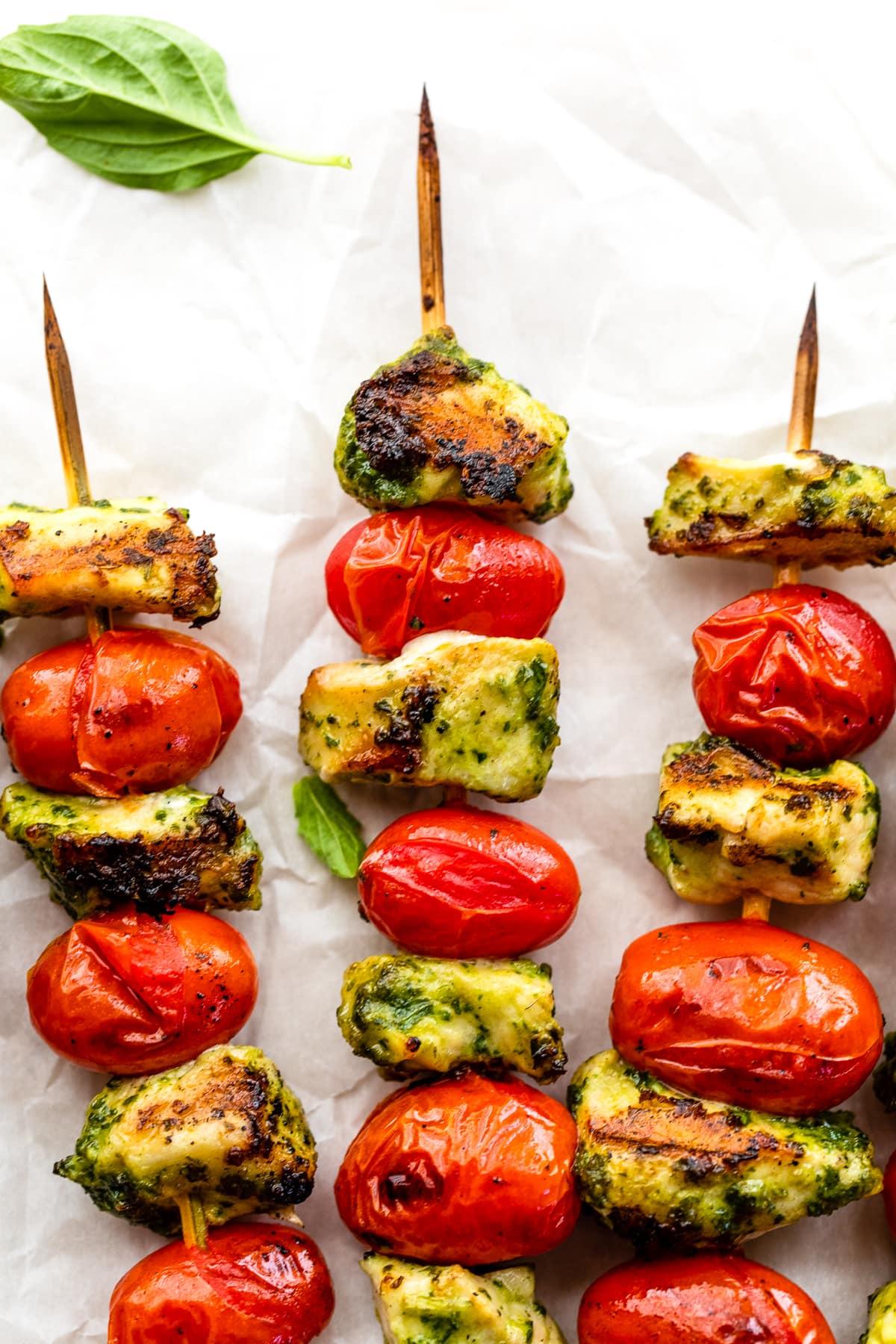 Grilled Pesto Chicken and Tomato Kebabs