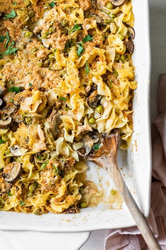 Homemade classic tuna noodle casserole, the quintessential American dish made from scratch and under $10 to make, the kids love it!