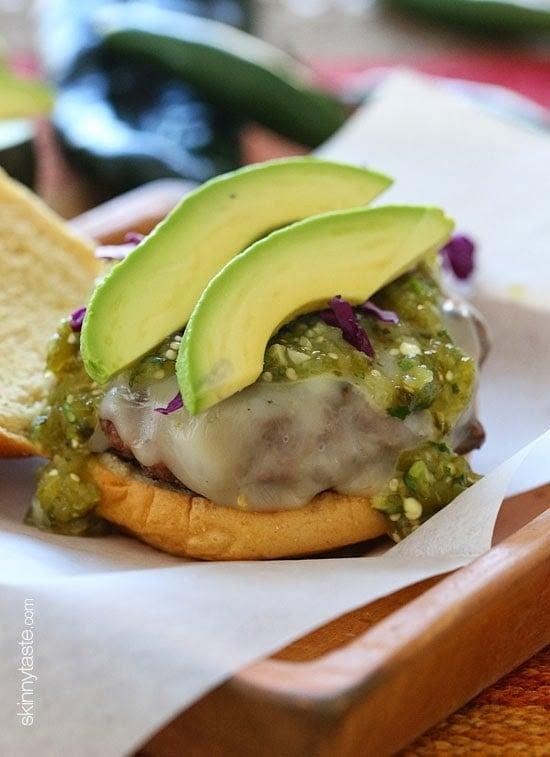 Wow, these Salsa Verde Burgers are OFF THE HOOK! If you need a new burger idea that everyone will love, look no further. These burgers are lean with a mean, green kick topped with pepper jack cheese, salsa verde and avocado – delish!