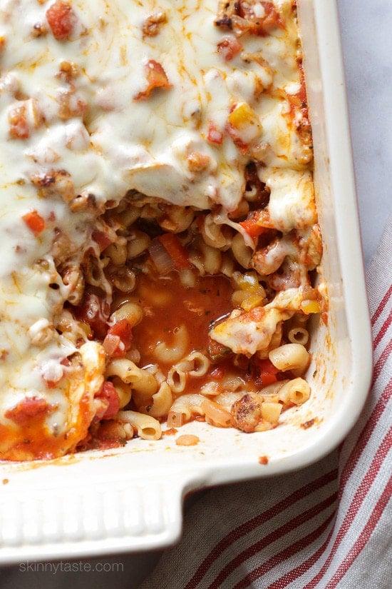 Chicken sausage, bell peppers, onions and mushrooms simmered in a marinara sauce then baked in the casserole with whole wheat macaroni topped with mozzarella.