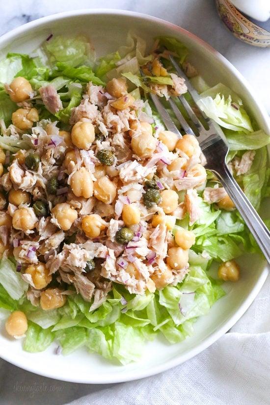 Chickpea Tuna Salad with capers is perfect for lunch! Quick and easy for meal prep! Healthy and filling, this mayo-less Tuna Salad is loaded with protein and tastes even better the next day.