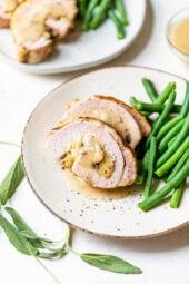 Stuffed Turkey Breast with Cranberry Stuffing with green beans.