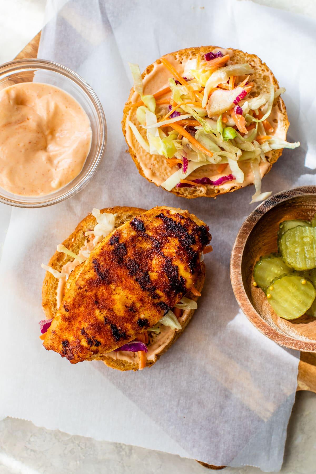 Grilled Chicken Sandwiches with slaw, pickles and spicy mayo