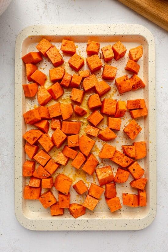 sweet potatoes on a sheet pan