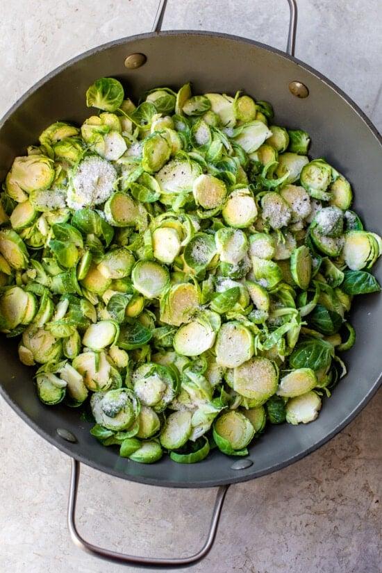 shredded brussel sprouts in a pan