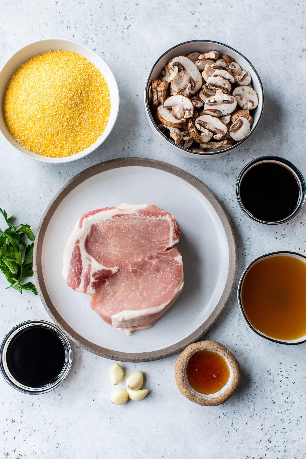 pork, mushrooms, polenta, soy sauce, honey, garlic