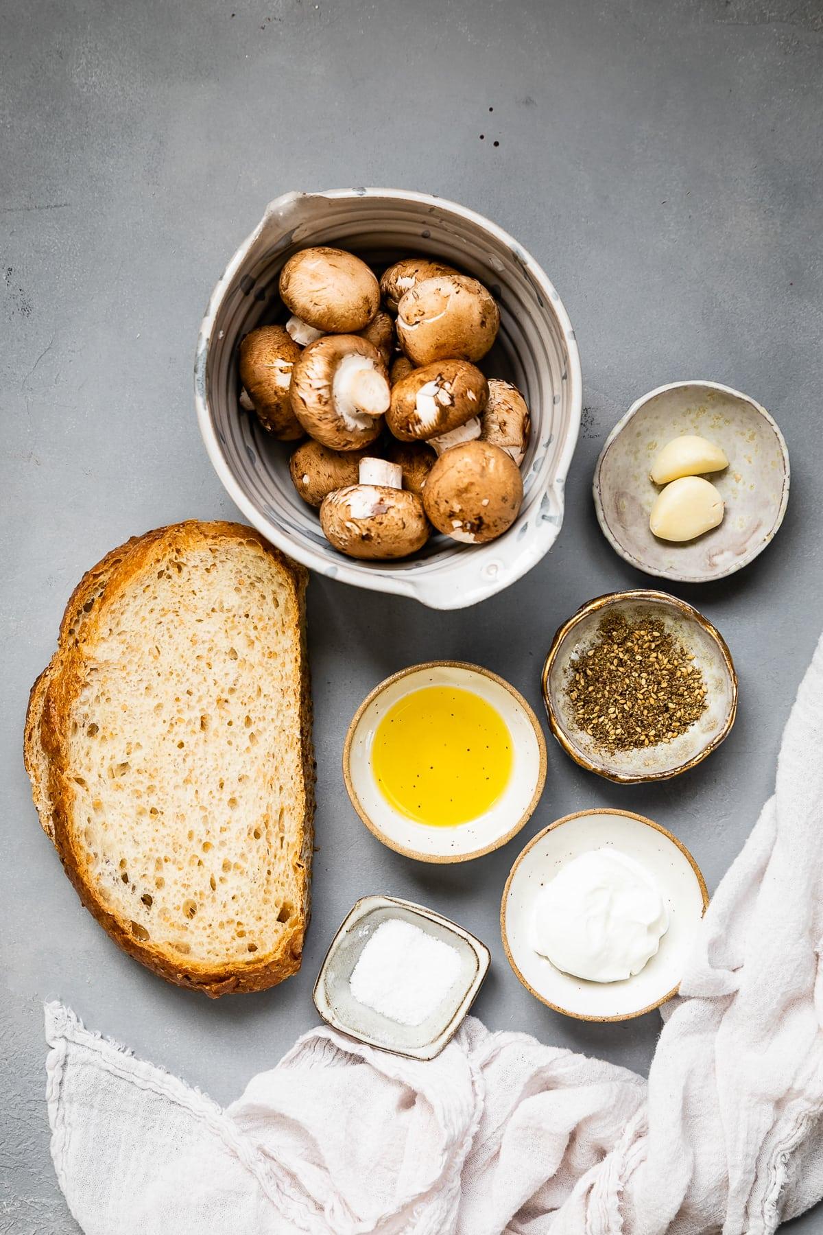 mushrooms, bread, garlic, labneh