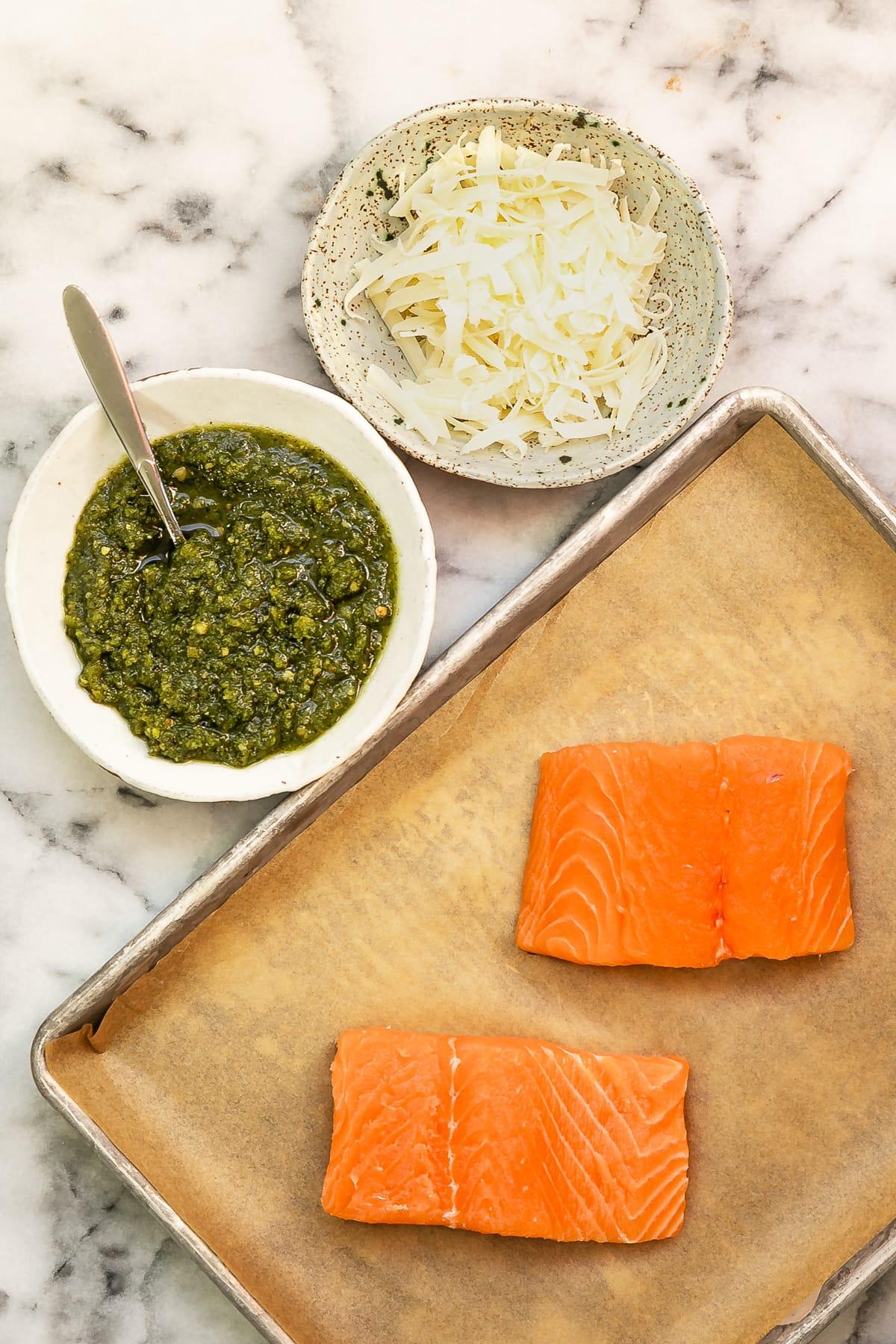 Pesto, salmon, parmesan cheese