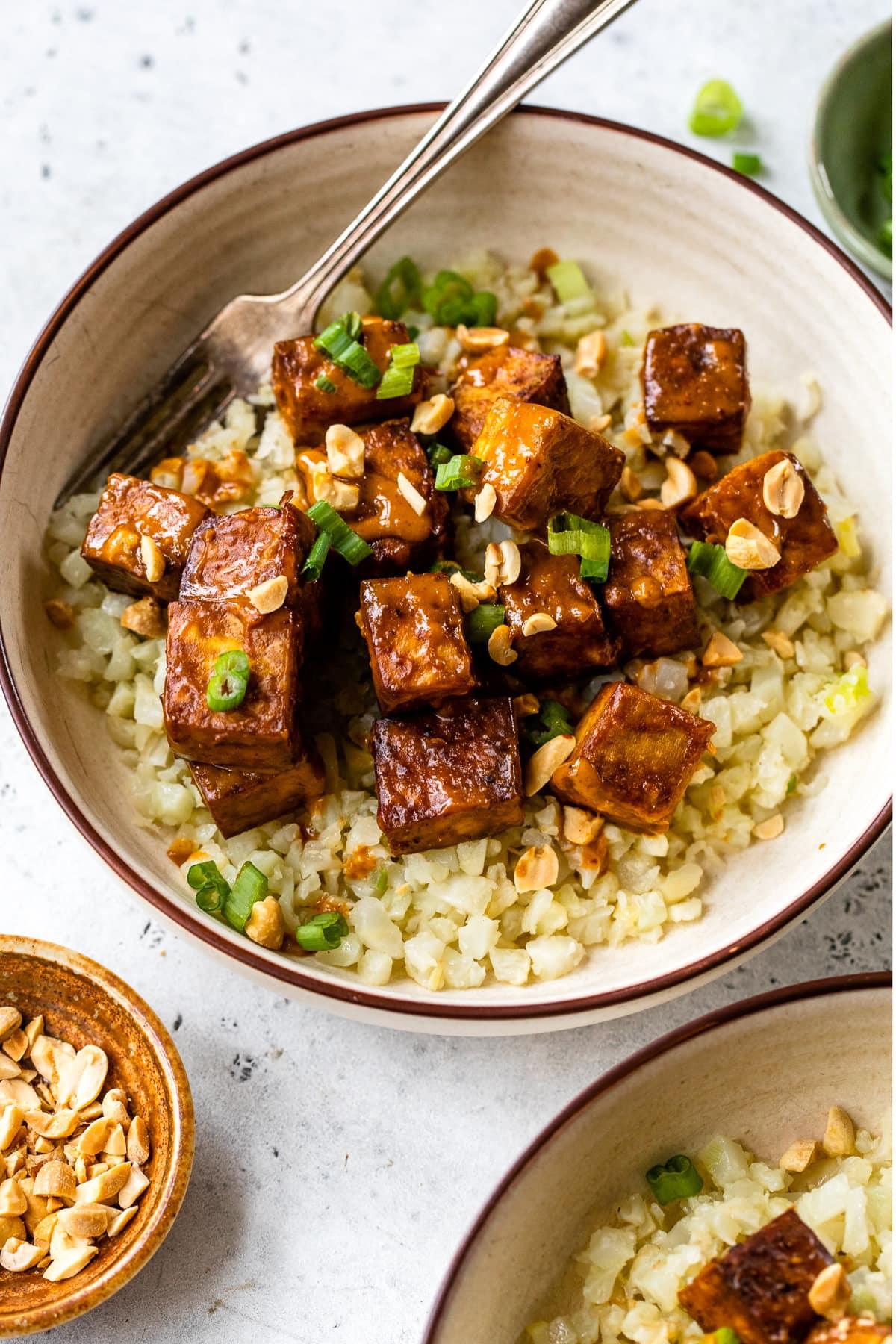 Air Fryer Peanut Curry Tofu with Gingery Cauliflower Rice