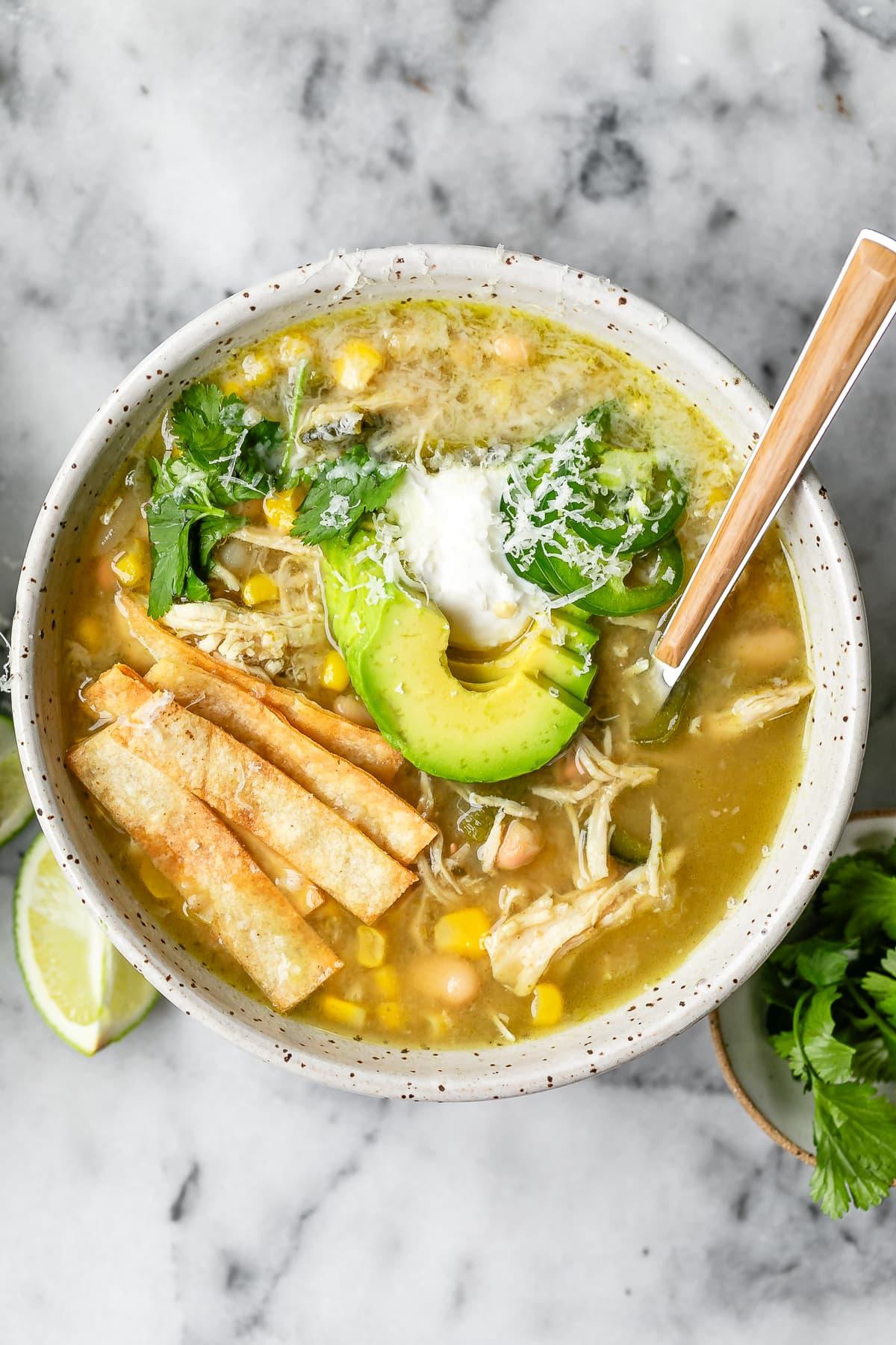 White Chicken Chili with avocado