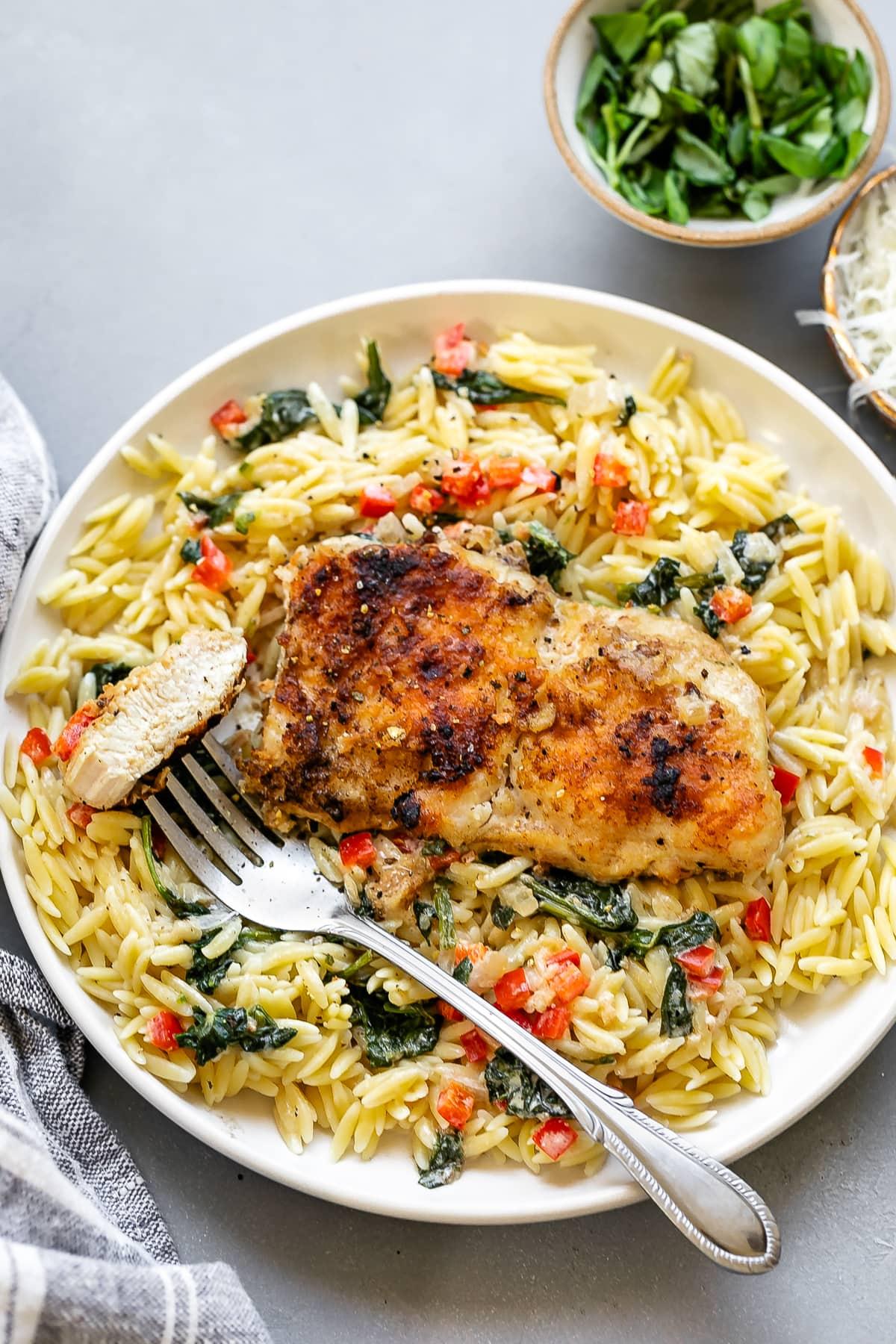 Chicken Florentine over orzo pasta