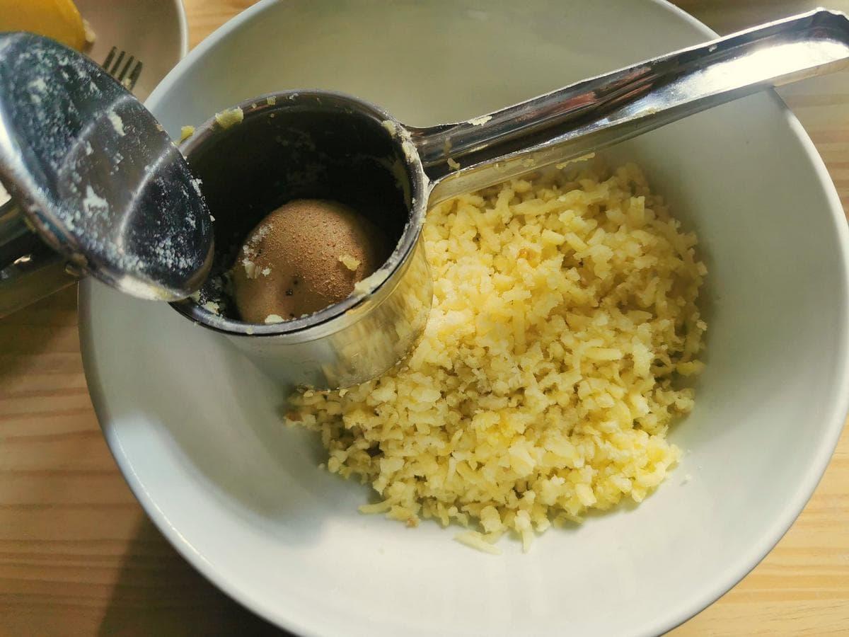 Boiled potatoes pressed through a potato ricer.