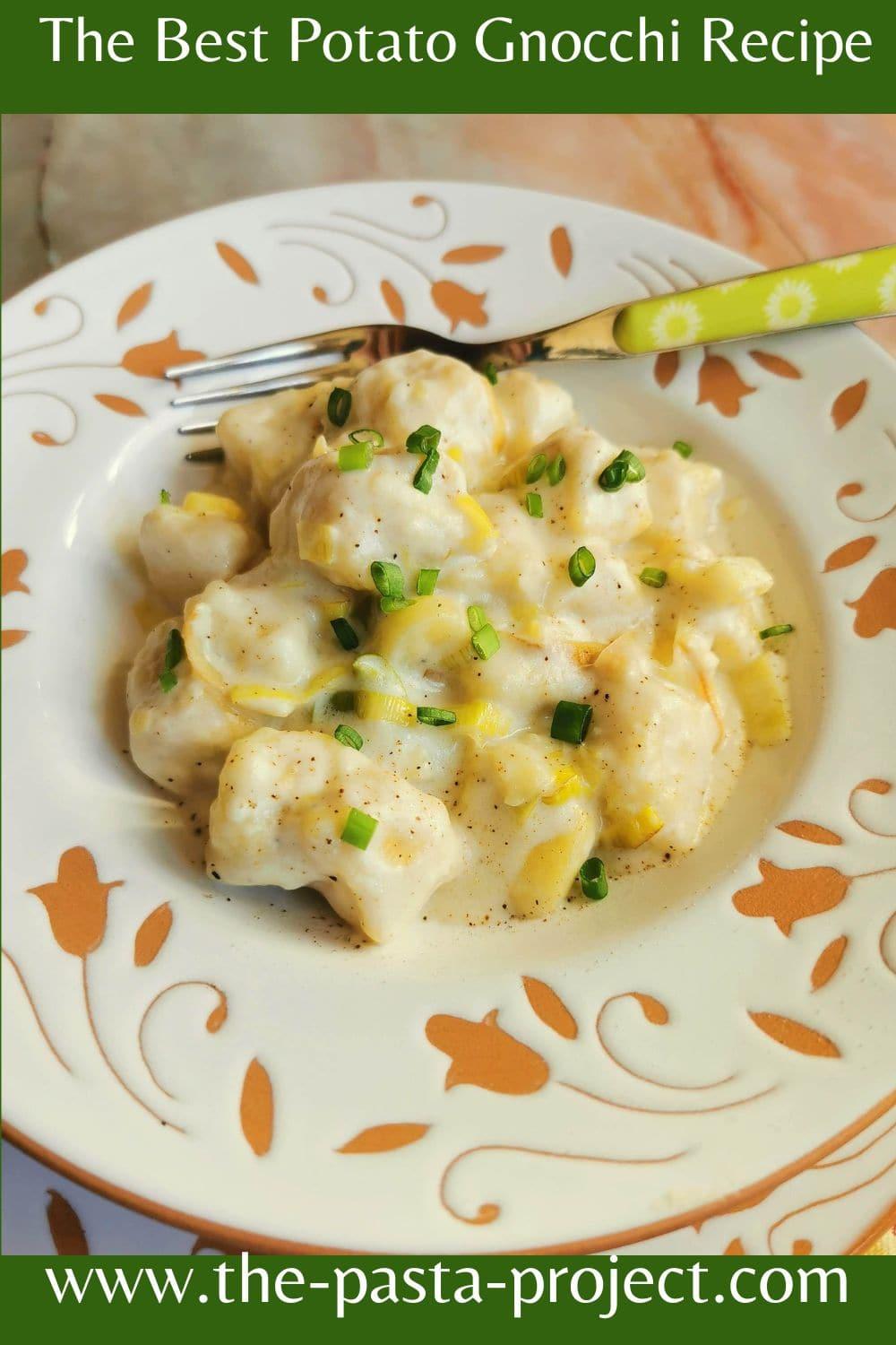 Verticle image for Pinterest of Italian homemade cheesy potato gnocchi with leeks.