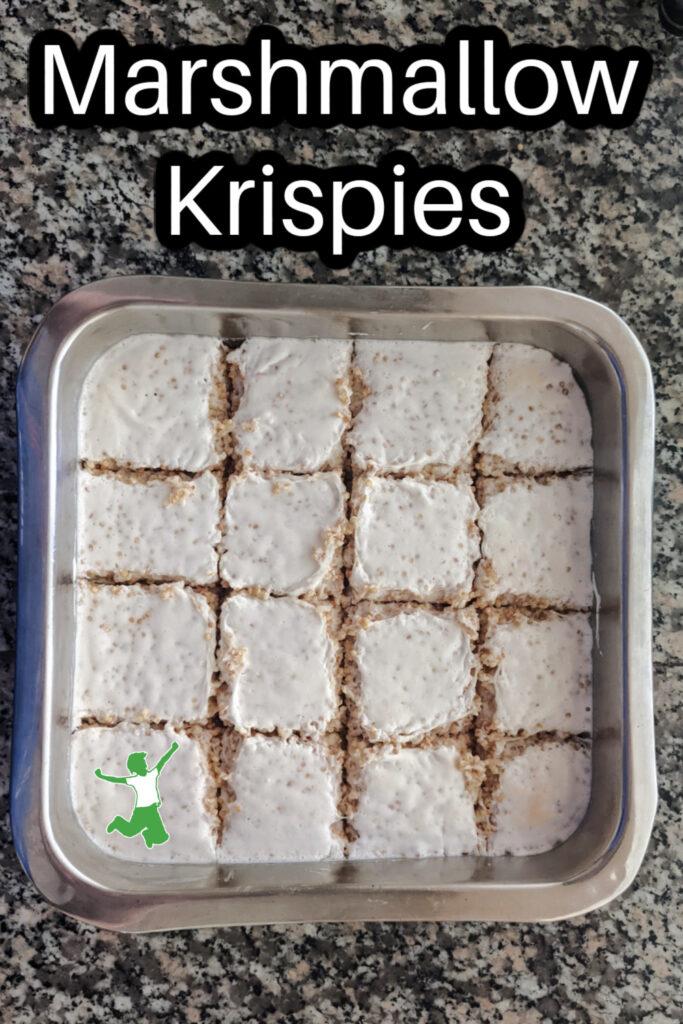 pan of healthy marshmallow crispy bars on granite counter