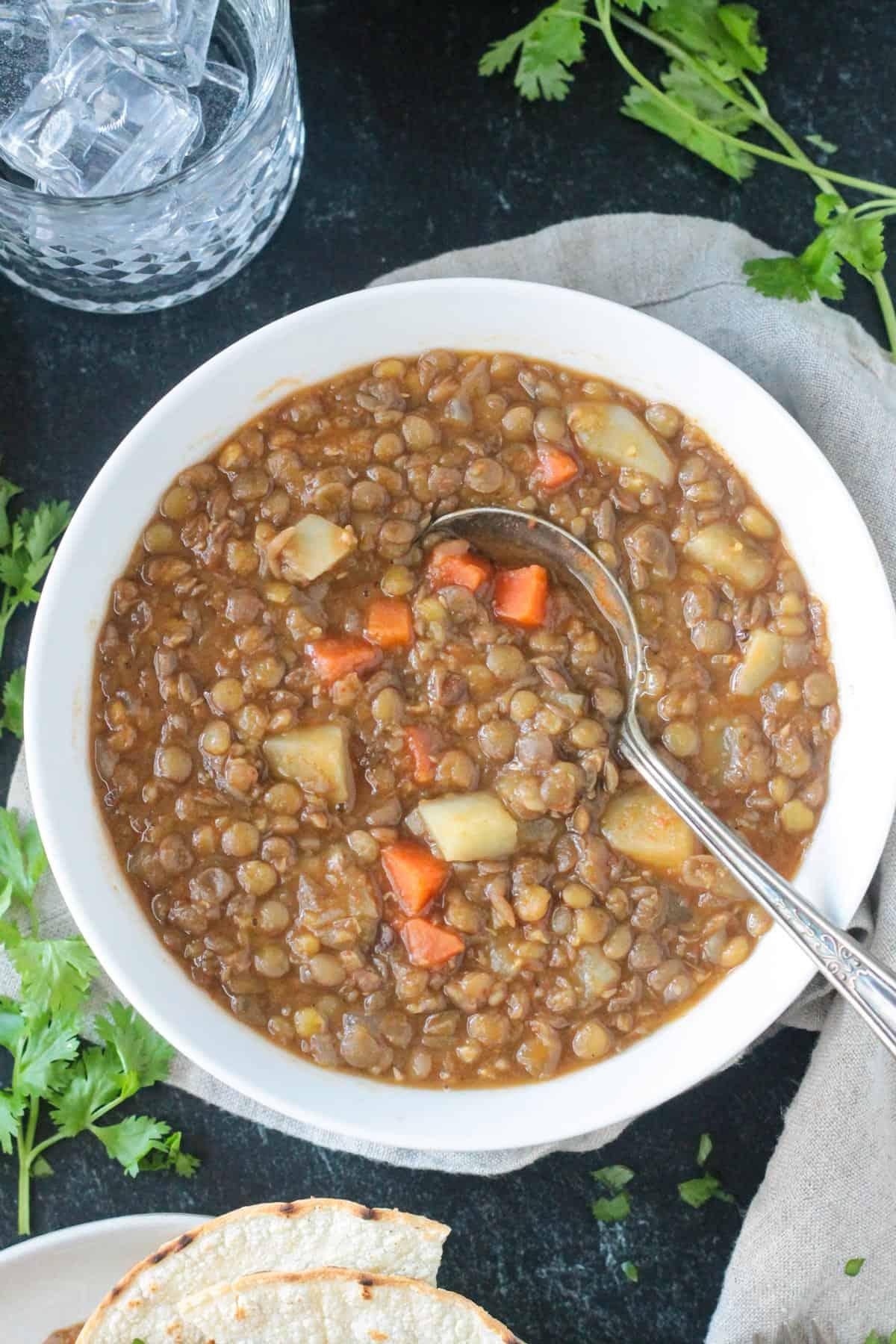 Finished lentil picadillo in a bowl with a spoon.