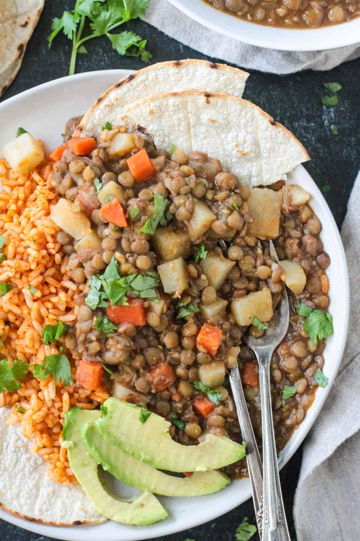 Bite of picadillo on a fork on a plate.